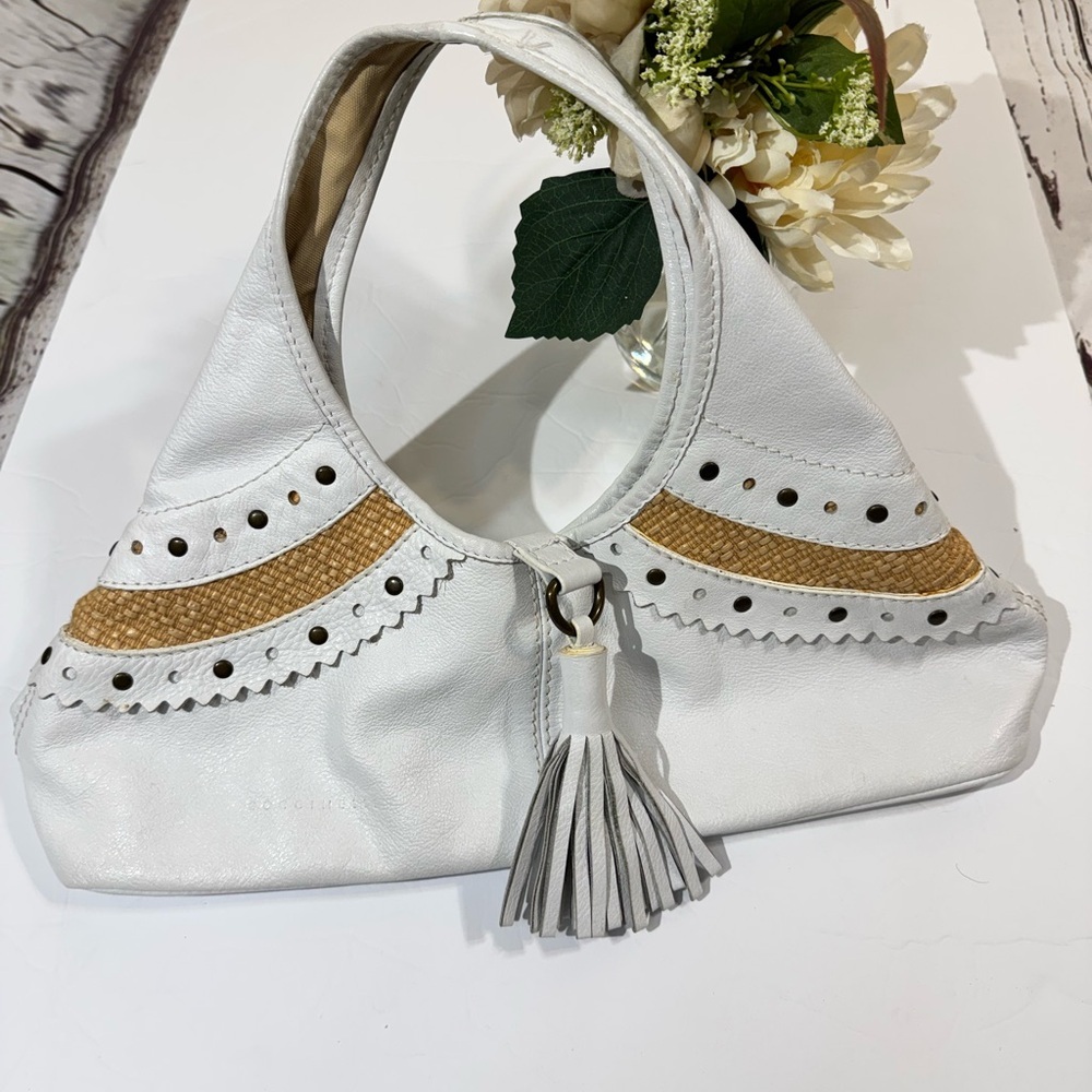 White Leather Shoulder Bag with Tassel Detail